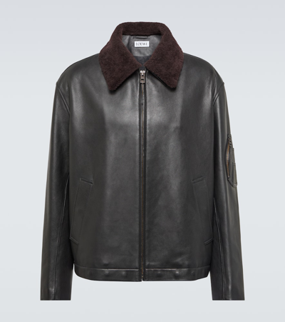 Shop Loewe Leather Bomber Jacket In Black