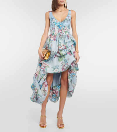 Shop Zimmermann Matchmaker Floral Linen And Silk Midi Dress In Multicoloured