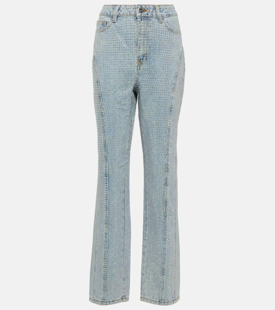 Shop Self-portrait Embellished High-rise Straight Jeans In Blue