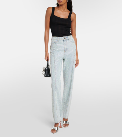 Shop Self-portrait Embellished High-rise Straight Jeans In Blue