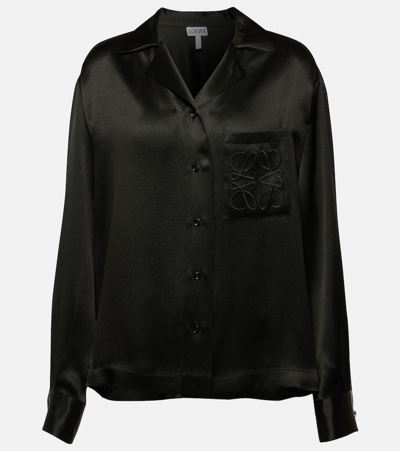 Shop Loewe Anagram Silk Satin Shirt In Black