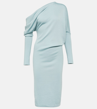 Shop Tom Ford Off-shoulder Cashmere-blend Midi Dress In Blue