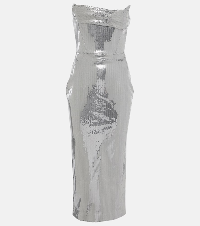 Shop Alex Perry Sequined Corset Midi Dress In Silver