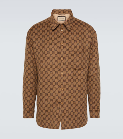Shop Gucci Maxi Gg Wool Overshirt In Brown