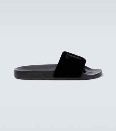 Shop Tom Ford Harris Logo Velvet Slides In Black