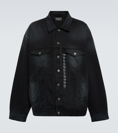 Shop Balenciaga Size Sticker Oversized Denim Jacket In Black