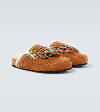 Alanui The Journey Shearling-lined Suede Mules In Brown