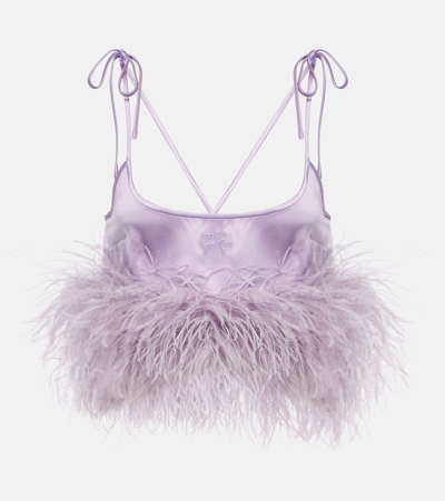 Miu Miu Feather-trimmed Satin Top In Purple