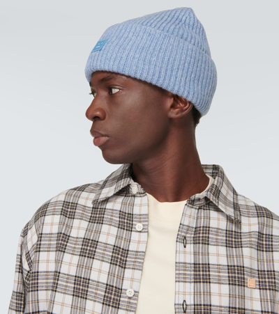 Shop Acne Studios Face Ribbed-knit Wool Beanie In Blue