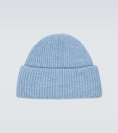 Shop Acne Studios Face Ribbed-knit Wool Beanie In Blue