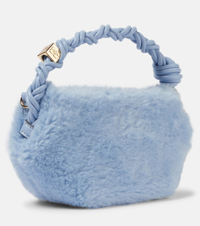 Shop Ganni Bou Mini Faux Shearling Shoulder Bag In Blue