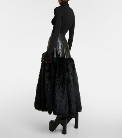 Shop Junya Watanabe Faux Fur-trimmed Faux Leather Midi Skirt In Black