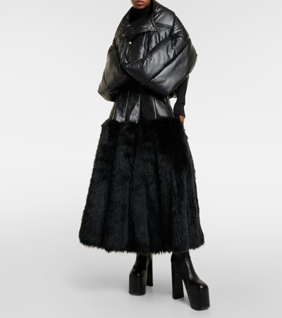 Shop Junya Watanabe Faux Fur-trimmed Faux Leather Midi Skirt In Black