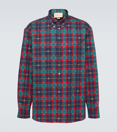 Shop Gucci Double G Tartan Cotton Shirt In Multicoloured