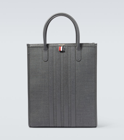 Shop Thom Browne 4-bar Leather-trimmed Canvas Tote Bag In Grey