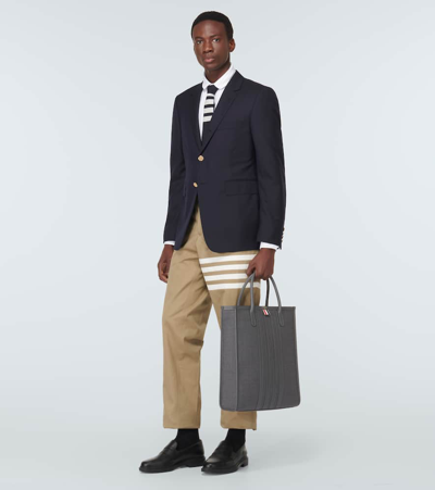 Shop Thom Browne 4-bar Leather-trimmed Canvas Tote Bag In Grey
