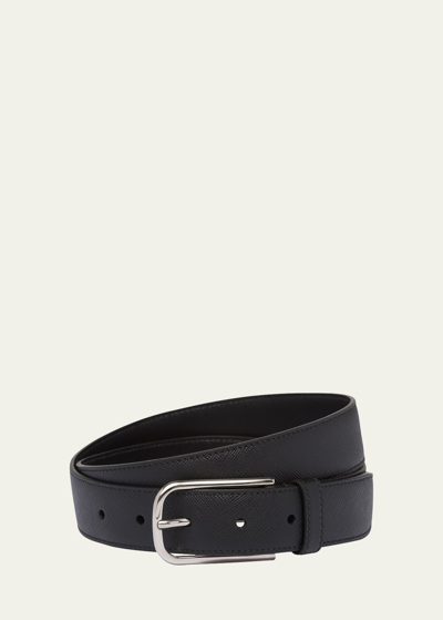 Shop Prada Men's Saffiano Leather Belt In F0002 Nero