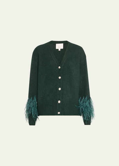 Shop Cinq À Sept Briana Feather-cuff Knit Cardigan In Dark Emerald