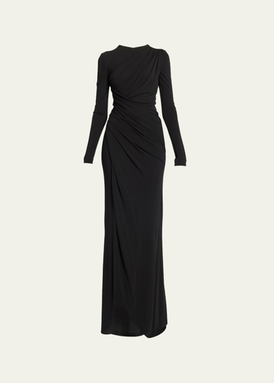 Shop Elie Saab Long Gathered Jersey Fluid Dress In Black