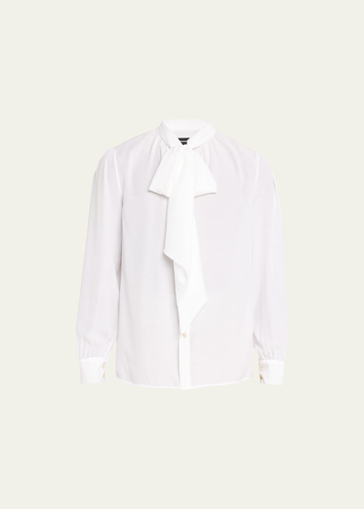 Shop Willy Chavarria Men's Tie-neck Cotton Poplin Shirt In White