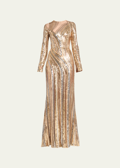 Shop Elie Saab Long Wave Sequined Tulle Dress In Gold Z0001