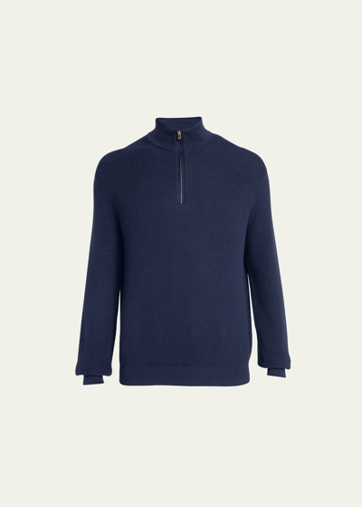 Shop Agnona Men's Cotton-cashmere Ribbed Quarter-zip Sweater In Navy