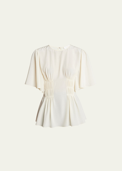 Shop Chloé Pleated Short-sleeve Crepe De Chine Top In Pristine White