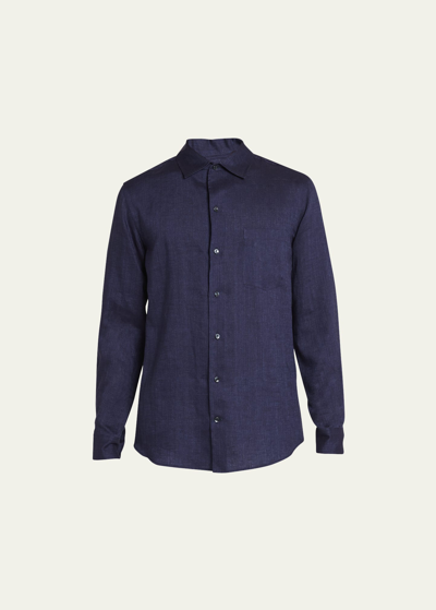 Shop Agnona Men's Linen Casual Button-down Shirt With Pocket In Navy