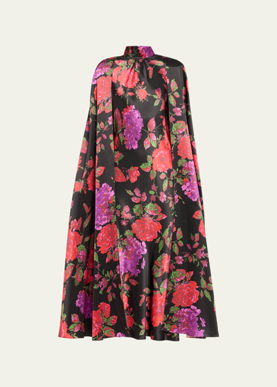 Shop Rodarte Floral-printed Silk Cape-sleeve Midi Dress In Black
