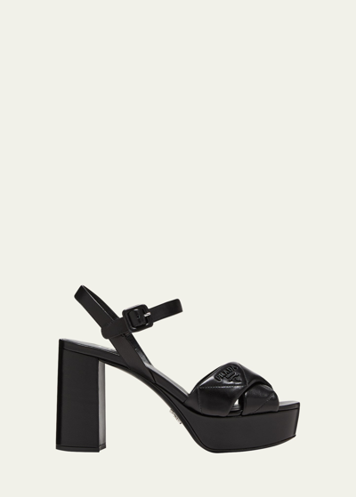 Prada Quilted Leather Crisscross Platform Sandals In Nero