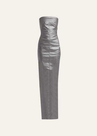 Shop Rick Owens Strapless Metallic Coated-denim Bustier Gown In Gun Metal