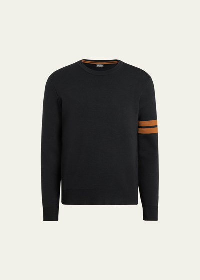 Shop Zegna Men's Signifier Stripe Crewneck Sweater In Black Solid