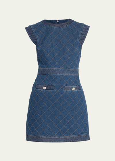 Shop Veronica Beard Ginny Sleeveless Denim Topstitch Mini Dress In Bright Blue
