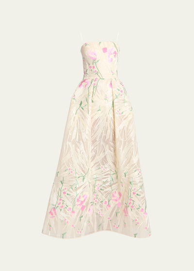 Shop Elie Saab Floral Jacquard Strapless Gown In Multicolor Pastel