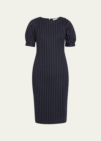 Shop Max Mara Tunica Striped Puff-sleeve Midi Dress In Ultramarine