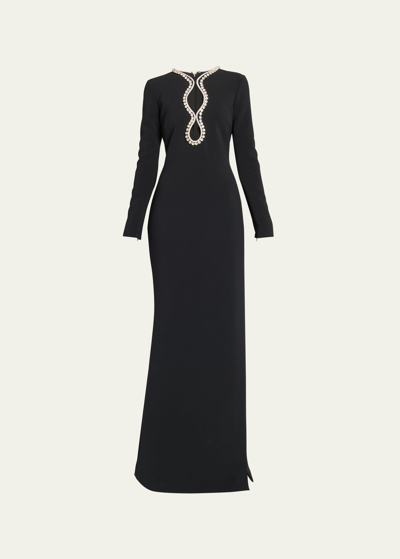 Shop Elie Saab Long Keyhole Crystal-trim Cady Dress In Black Bk001
