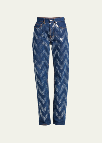 Shop Missoni Sequin Zig-zag Embroidered Denim Trousers In S72ef-sequin Blue