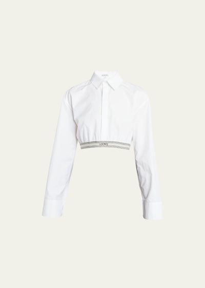 Shop Loewe Button-down Cropped Top With Logo Waistband In Optic Whit