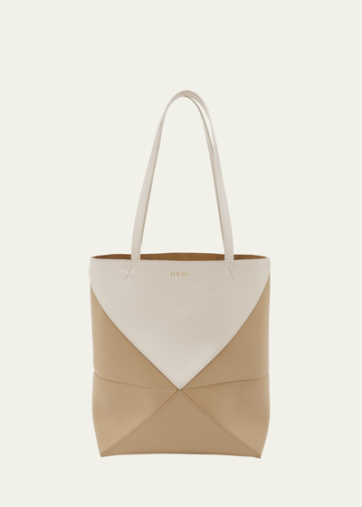 Shop Loewe Puzzle Fold Medium Tote Bag In Shiny Bicolor Leather In Soft White/paper