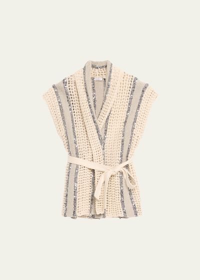 Shop Brunello Cucinelli Open-knit Long Net Cardigan With Paillette Detail In Cun69 Beige