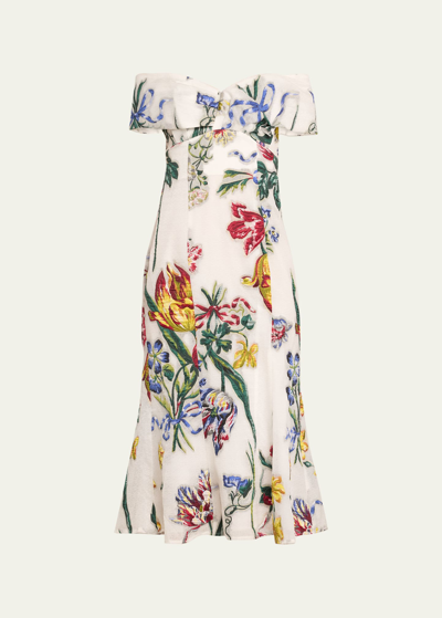 Shop Marchesa Notte Off-shoulder Floral Fil Coupe Midi Dress In Ivory Multi