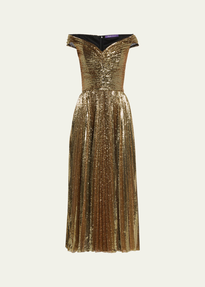 Shop Ralph Lauren Camari Pleated Sequin Off-shoulder Midi Dress In Gold