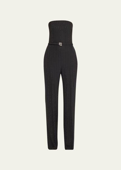 Shop Ralph Lauren Markus Pinstripe Belted Strapless Jumpsuit In Black