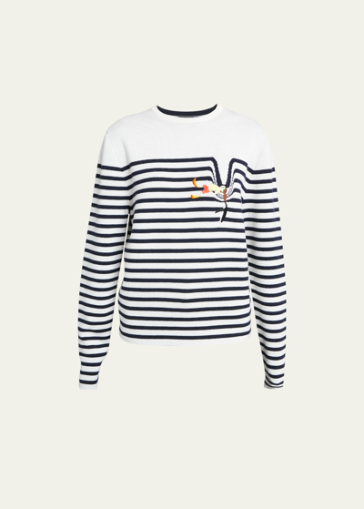 Shop Loewe Suna Fujita Embroidered Stripe Wool Sweater In White Navy