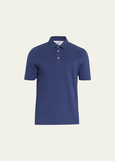 Shop Brunello Cucinelli Men's Cotton Pique Polo Shirt In C9708 Blue