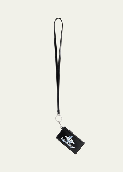 Shop Balenciaga Men's Leather Sport Logo Card Case On Keyring In Noir/ecru