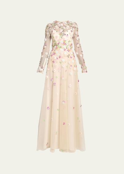 Shop Elie Saab Long Floral Applique Tulle Dress In Multicolor Pastel