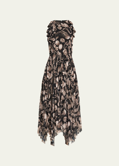 Shop Jason Wu Collection Marine Print Pleated Chiffon Midi Dress In Black/ Parchment