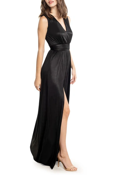 Shop Dress The Population Krista Plunge Neck Side Slit Gown In Black