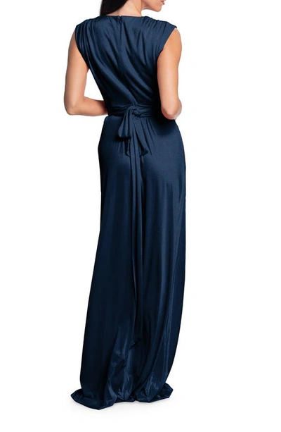 Shop Dress The Population Krista Plunge Neck Side Slit Gown In Navy